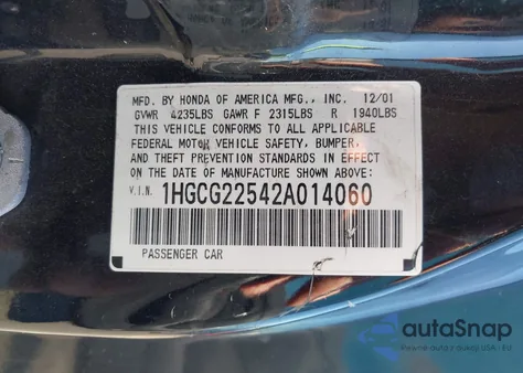 2002 Honda Accord 3.0 Ex from USA, damaged, VIN 1HGCG22542A014060